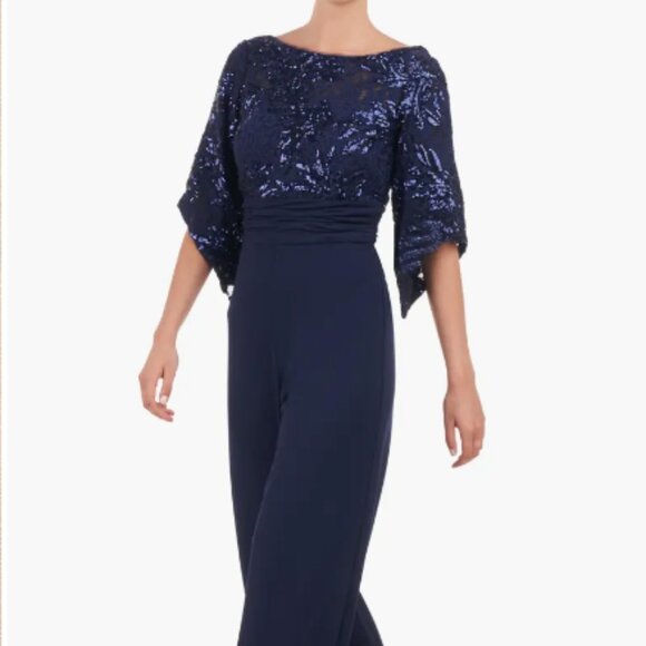 JS COLLECTIONS BELLE SEQUIN WIDE LEG NAVY JUMPSUIT DRESS sz 16 - Picture 6 of 7